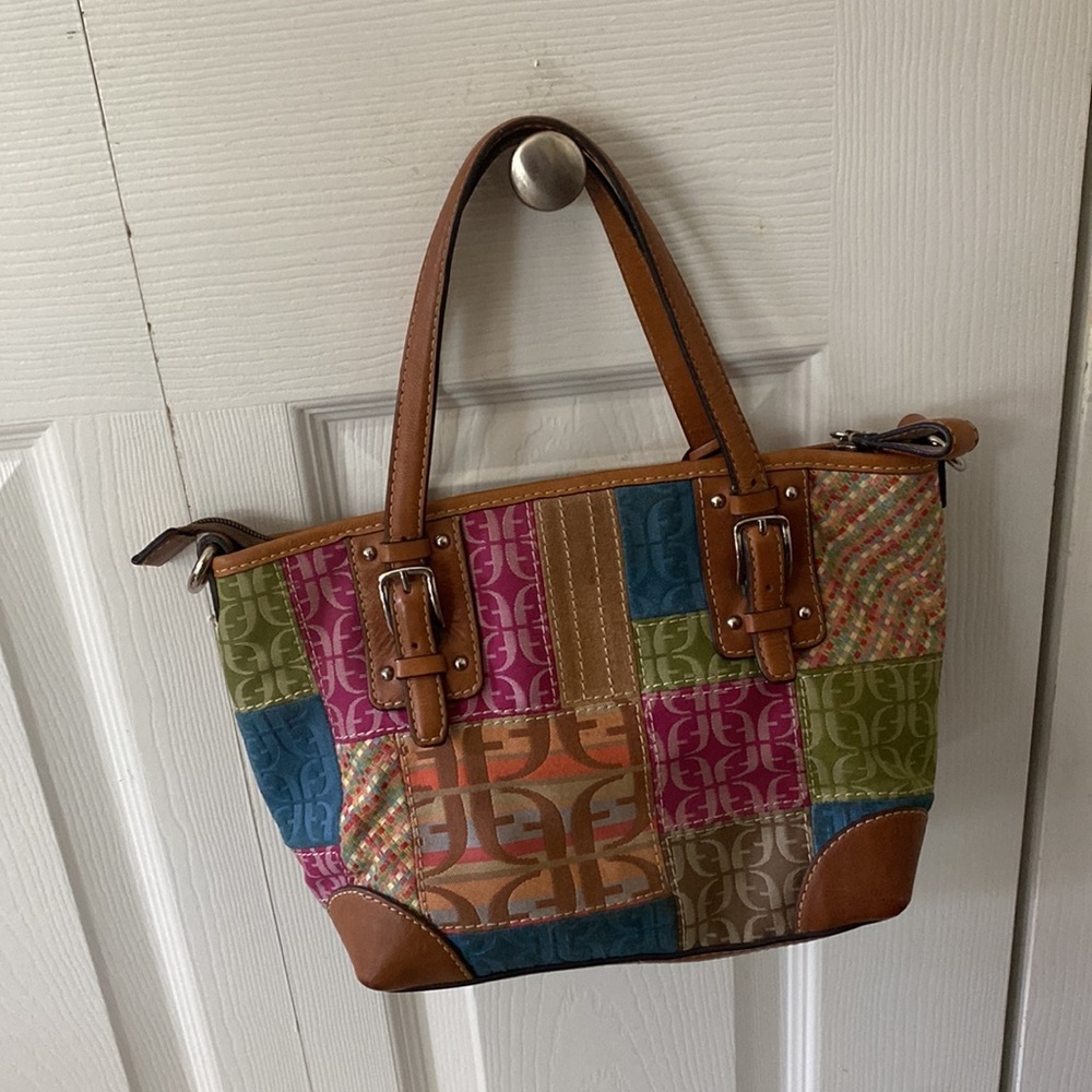 Vintage Fossil Multicolor Patchwork Leather Trim & Canvas Tote Bag/shoulder bag - Picture 6 of 16